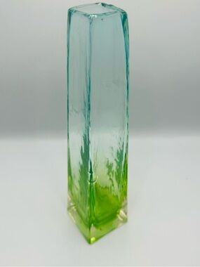 Tall Gradient Glass Bud Vase in Aqua to Lime Imperfect 10”Tall 1” Opening